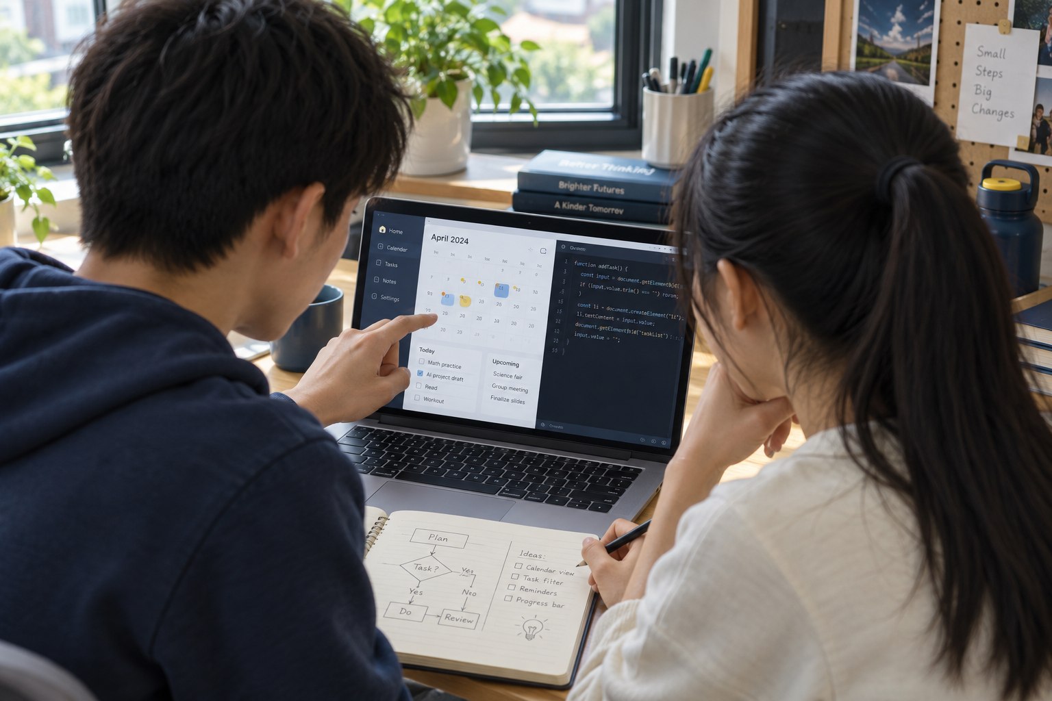 学生在电脑前测试应用原型并记录流程的 AI 生成示意图