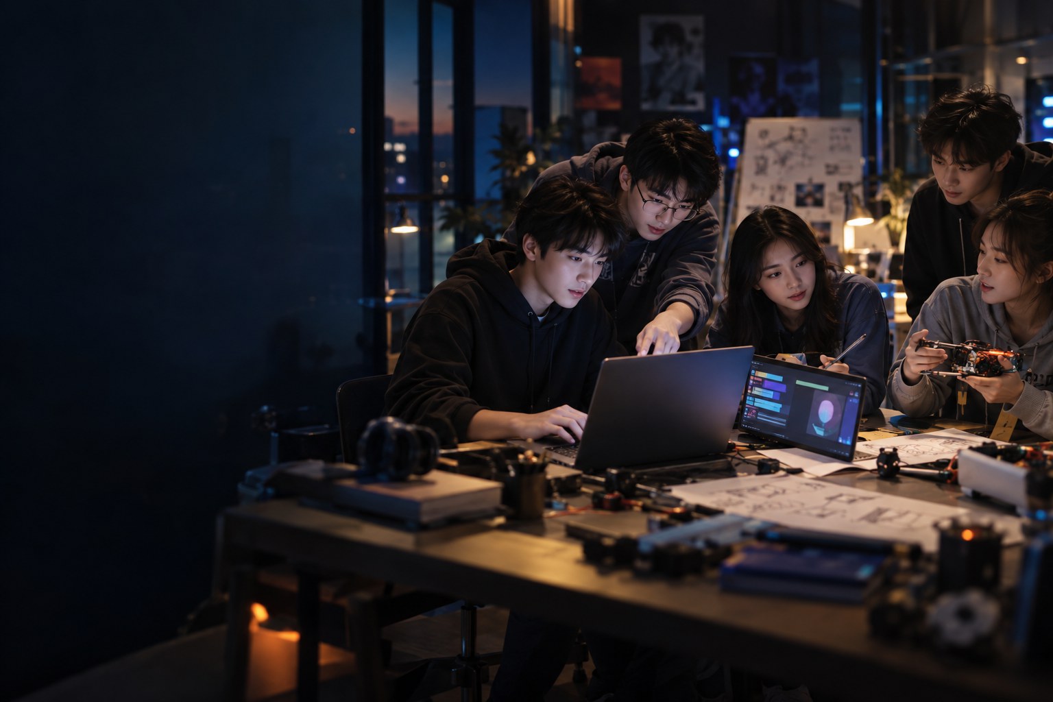 多名学生围绕电脑协作开发 AI 项目的生成示意图