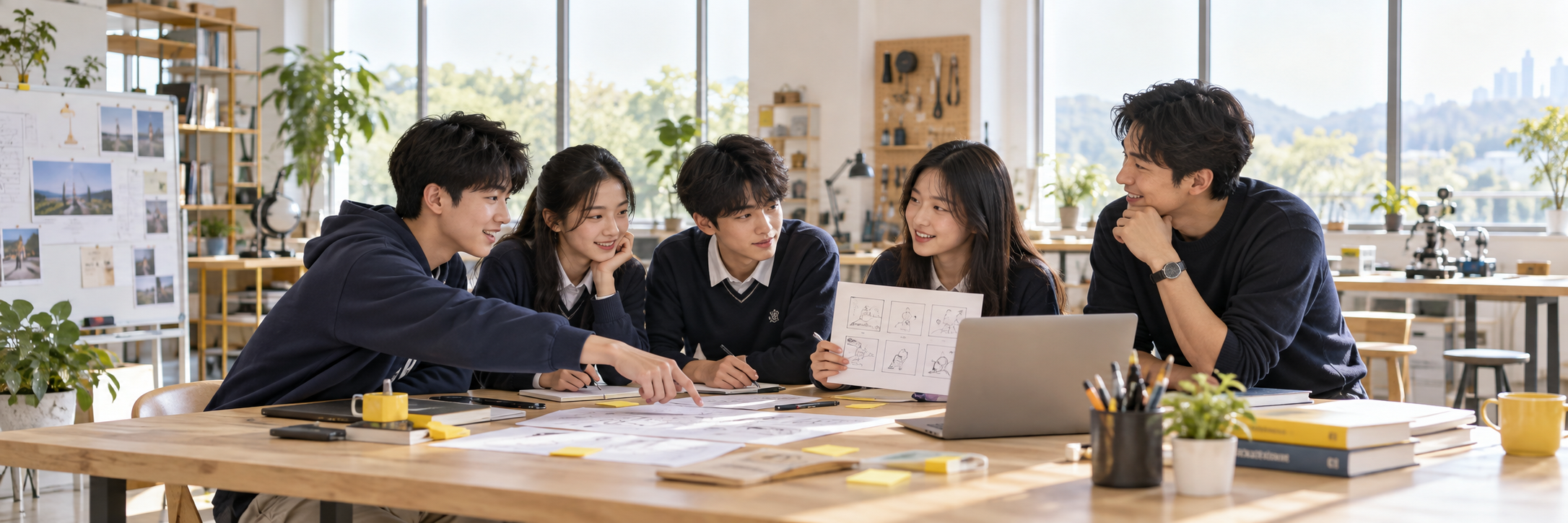 学生和导师围桌讨论项目草图与分镜的 AI 生成示意图