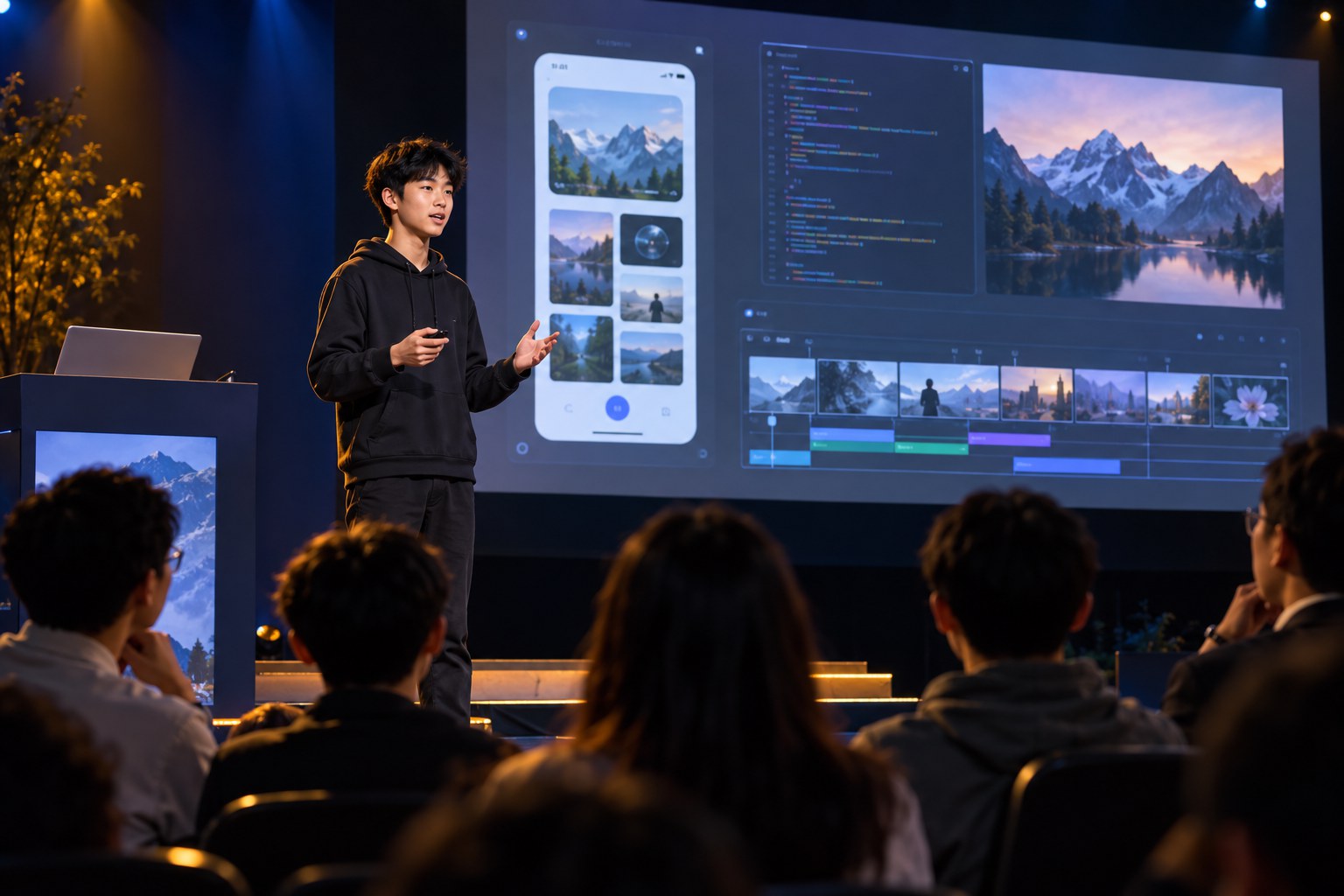 学生在舞台上向同伴和老师演示 AI 项目的生成示意图